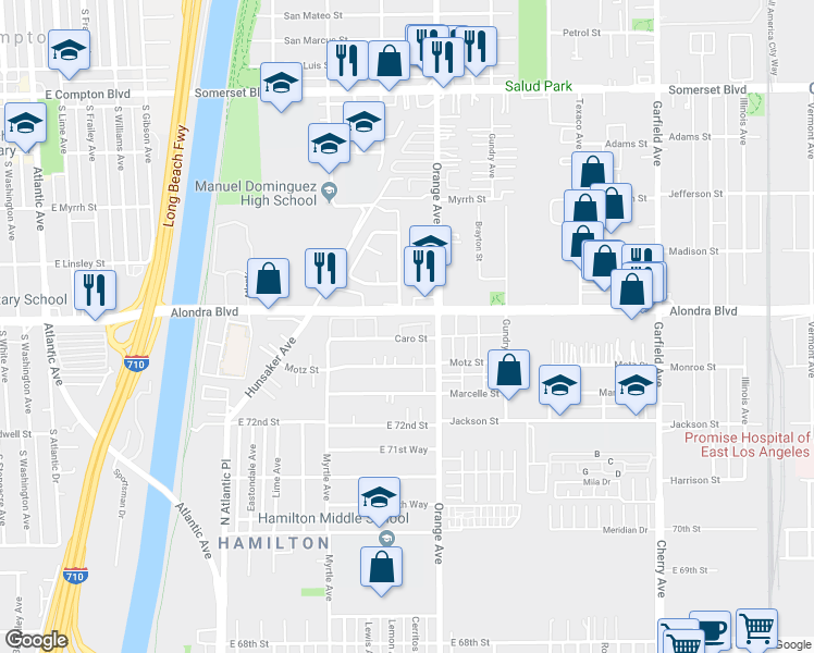 map of restaurants, bars, coffee shops, grocery stores, and more near 6802 Caro Street in Paramount