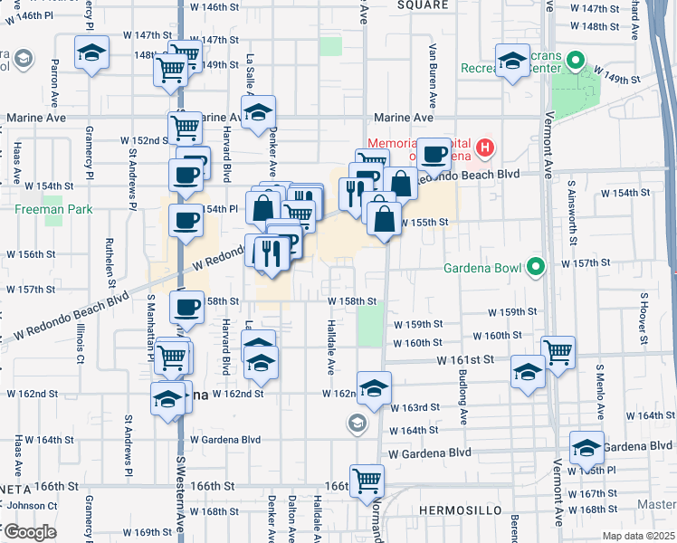 map of restaurants, bars, coffee shops, grocery stores, and more near 15718 Halldale Avenue in Gardena