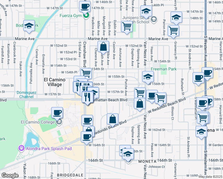map of restaurants, bars, coffee shops, grocery stores, and more near 2630 West 157th Street in Gardena