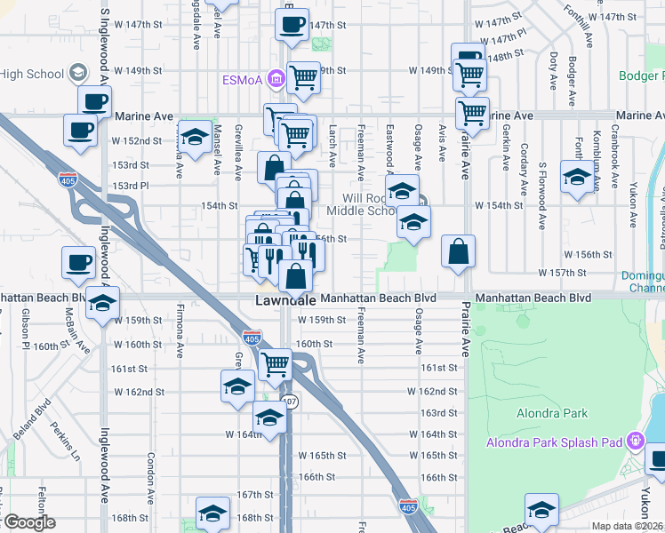 map of restaurants, bars, coffee shops, grocery stores, and more near 15716 Larch Avenue in Lawndale