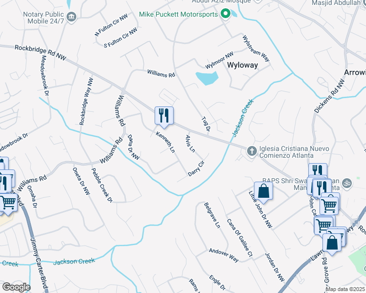map of restaurants, bars, coffee shops, grocery stores, and more near 703 Alvis Lane in Norcross