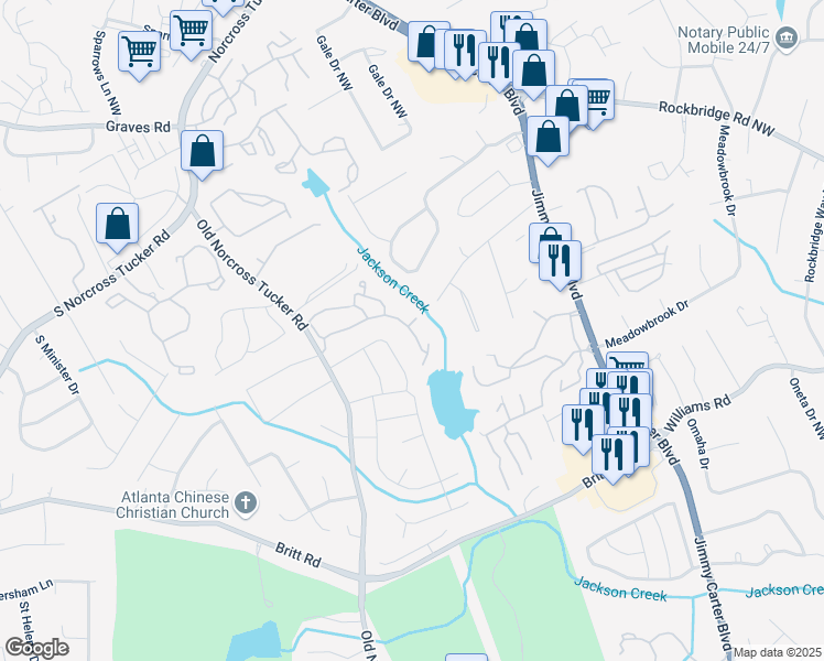 map of restaurants, bars, coffee shops, grocery stores, and more near 6366 Jasper Court in Tucker