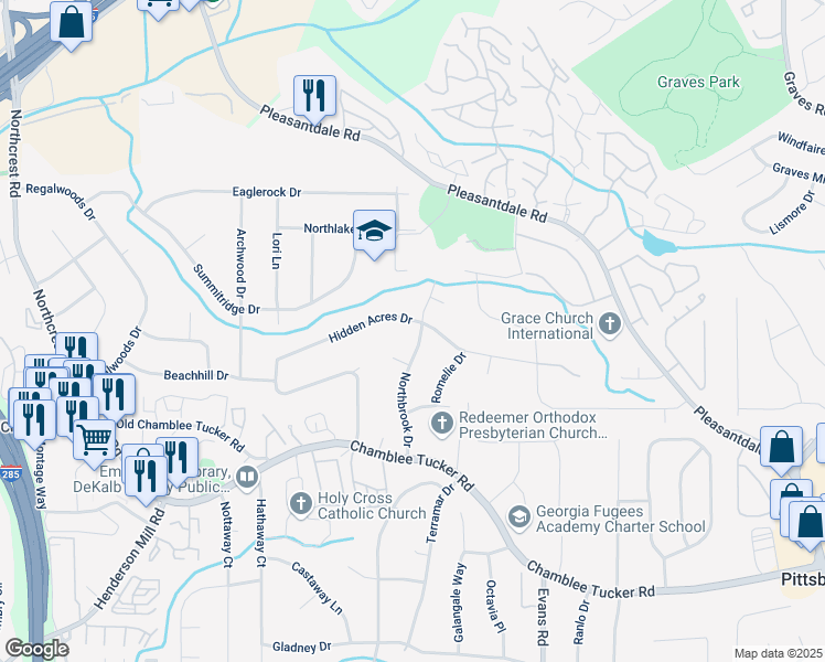 map of restaurants, bars, coffee shops, grocery stores, and more near 3362 Northbrook Drive in Atlanta
