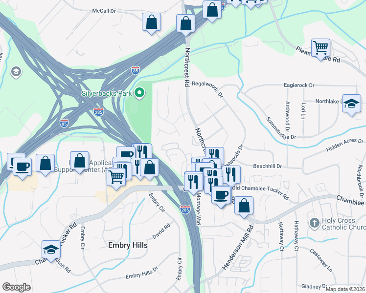 map of restaurants, bars, coffee shops, grocery stores, and more near 3341 Stonecrest Court in Atlanta