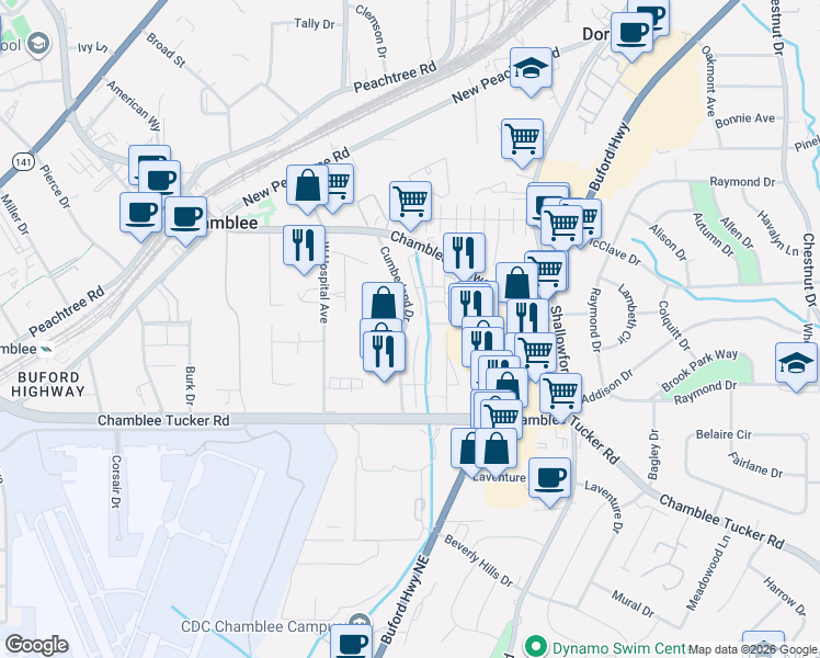 map of restaurants, bars, coffee shops, grocery stores, and more near 3429 Cumberland Court in Chamblee