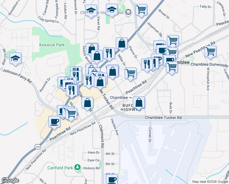 map of restaurants, bars, coffee shops, grocery stores, and more near 5200 Peachtree Road in Chamblee