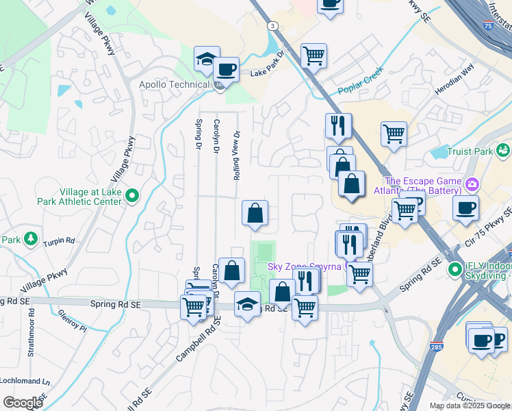 map of restaurants, bars, coffee shops, grocery stores, and more near 2521 Park Road in Smyrna