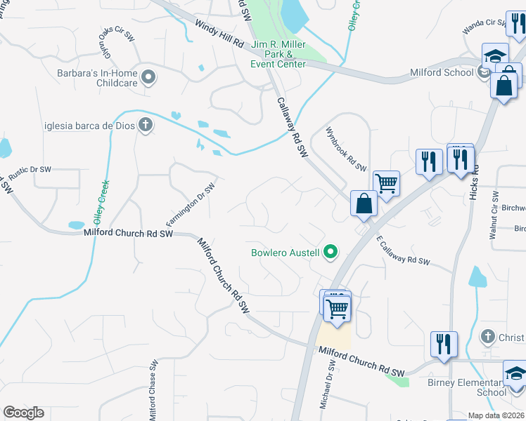 map of restaurants, bars, coffee shops, grocery stores, and more near 2606 Haversack Court Southwest in Marietta