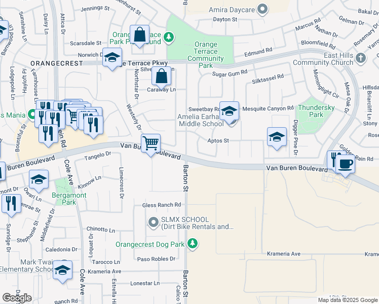 map of restaurants, bars, coffee shops, grocery stores, and more near 8986 Barton Street in Riverside