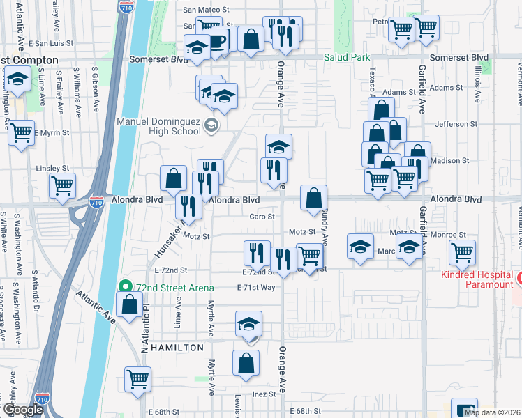 map of restaurants, bars, coffee shops, grocery stores, and more near 6882 Alondra Boulevard in Paramount