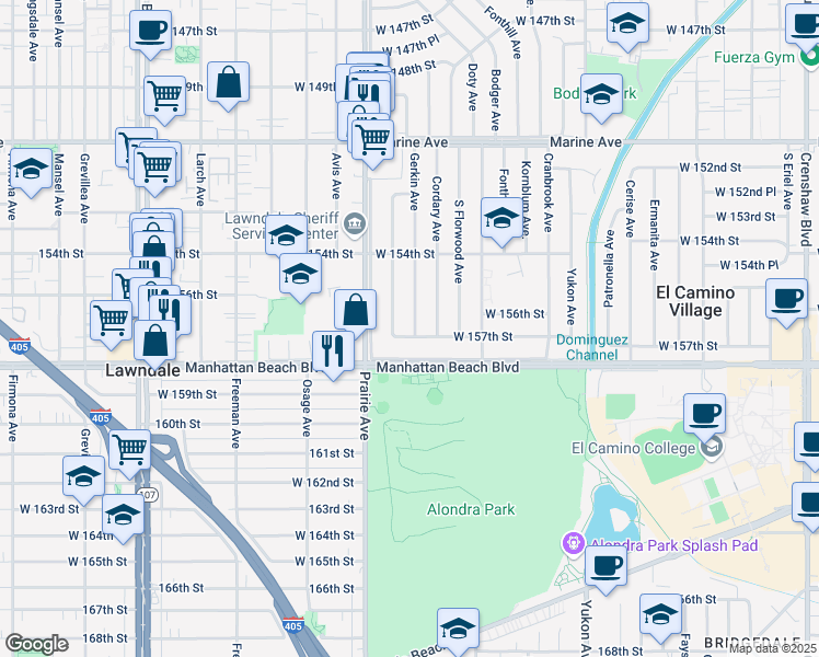 map of restaurants, bars, coffee shops, grocery stores, and more near 3922 West 157th Street in Lawndale