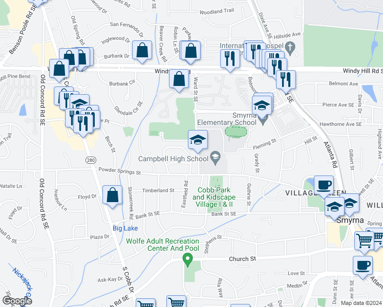 map of restaurants, bars, coffee shops, grocery stores, and more near 885 Wayland Court in Smyrna