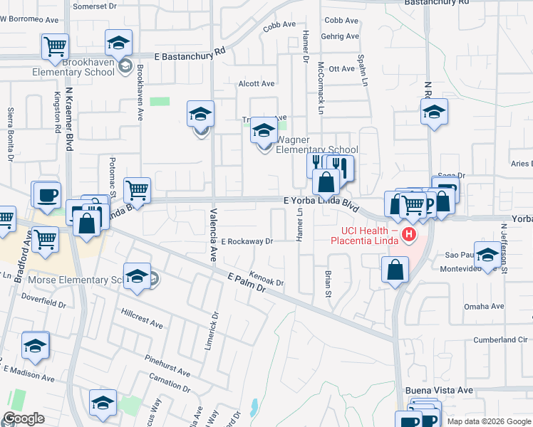 map of restaurants, bars, coffee shops, grocery stores, and more near 668 Highlander Avenue in Placentia