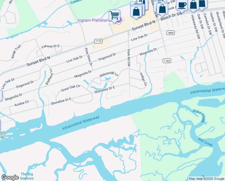 map of restaurants, bars, coffee shops, grocery stores, and more near 703 Waterway Drive in Sunset Beach