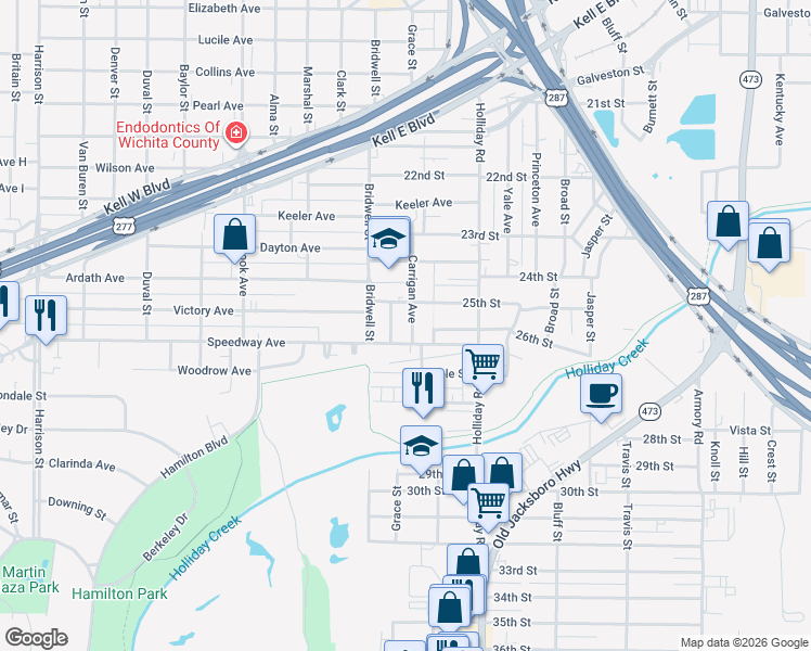 map of restaurants, bars, coffee shops, grocery stores, and more near 1609 Speedway Avenue in Wichita Falls