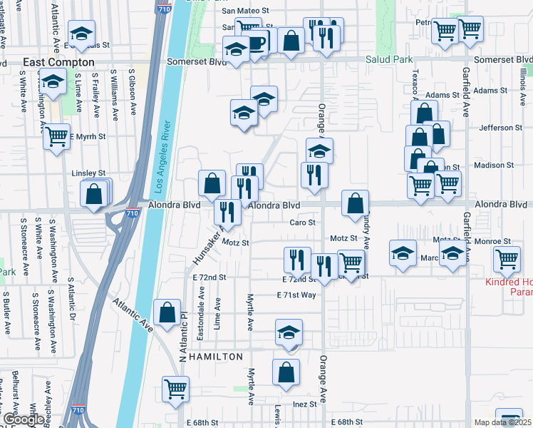 map of restaurants, bars, coffee shops, grocery stores, and more near 6704 Caro Street in Paramount