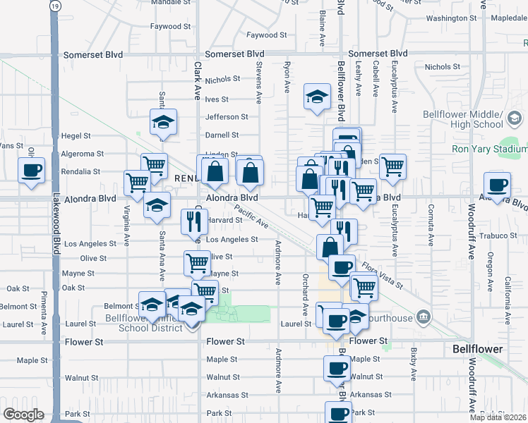 map of restaurants, bars, coffee shops, grocery stores, and more near 9530 Alondra Boulevard in Bellflower