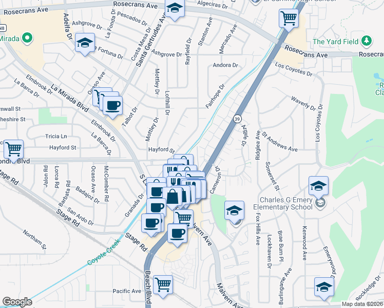 map of restaurants, bars, coffee shops, grocery stores, and more near 20 Dallas Street in Buena Park