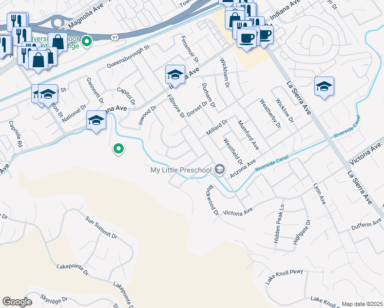 map of restaurants, bars, coffee shops, grocery stores, and more near 11569 Dellwood Drive in Riverside