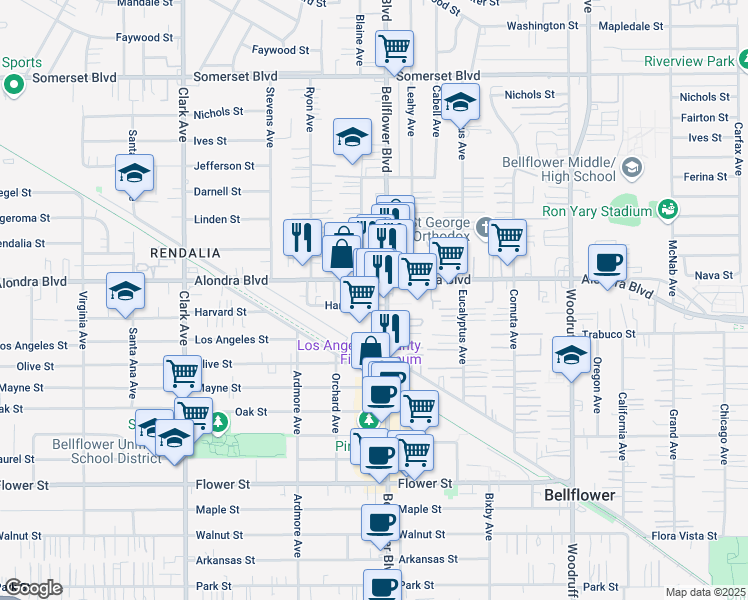 map of restaurants, bars, coffee shops, grocery stores, and more near 9718 Harvard Street in Bellflower