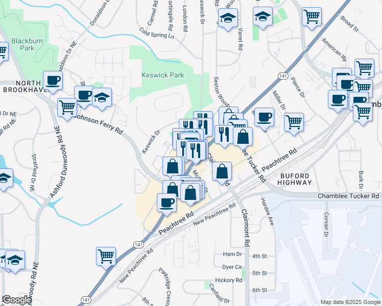 map of restaurants, bars, coffee shops, grocery stores, and more near 5070 Peachtree Boulevard in Chamblee