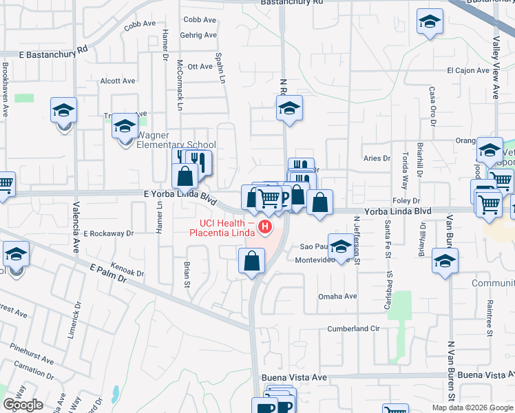 map of restaurants, bars, coffee shops, grocery stores, and more near in Yorba Linda
