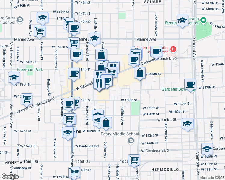 map of restaurants, bars, coffee shops, grocery stores, and more near 52 Merit Park Drive in Gardena