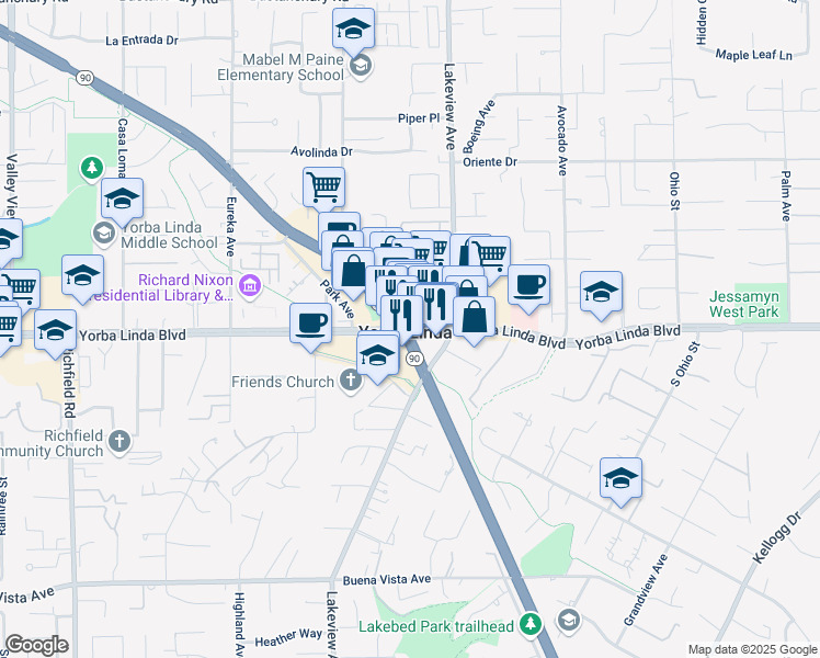 map of restaurants, bars, coffee shops, grocery stores, and more near in Yorba Linda