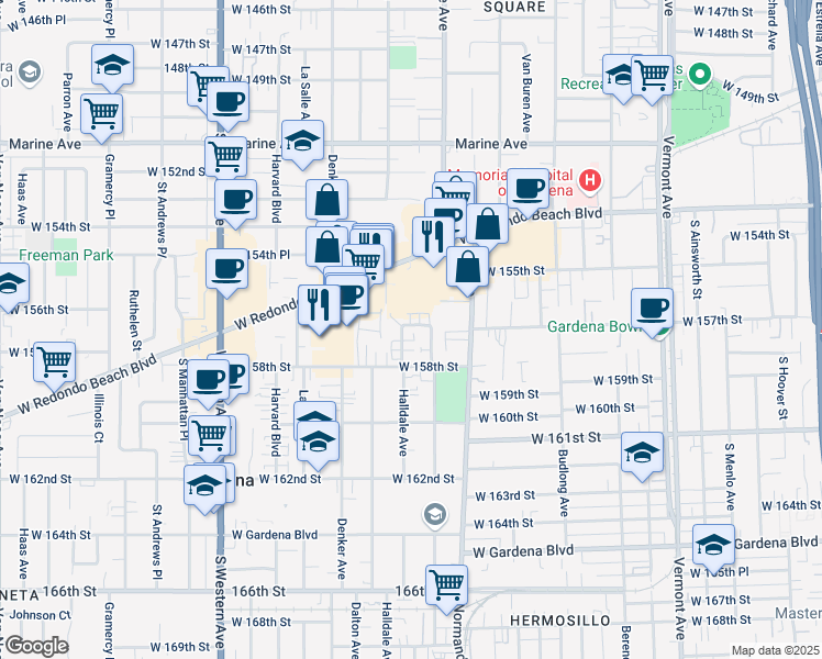 map of restaurants, bars, coffee shops, grocery stores, and more near 15702 Halldale Avenue in Gardena