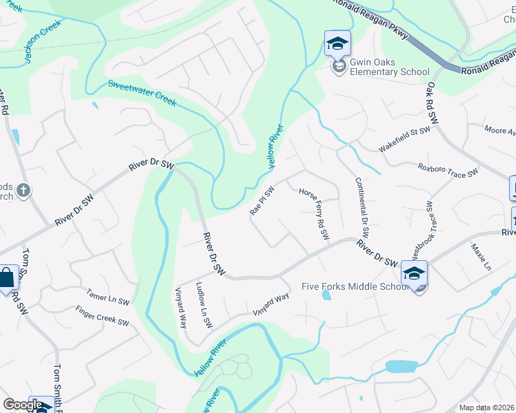 map of restaurants, bars, coffee shops, grocery stores, and more near 3340 Rae Place Southwest in Lawrenceville