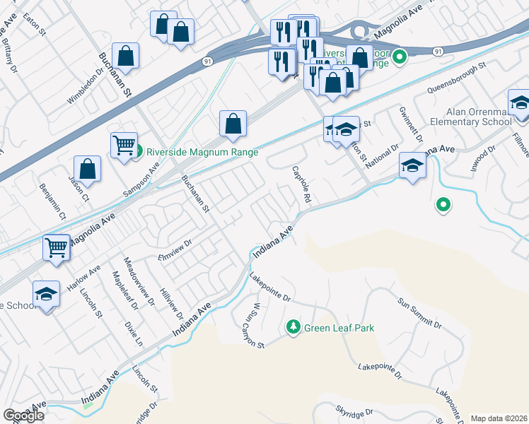 map of restaurants, bars, coffee shops, grocery stores, and more near 12149 Indiana Avenue in Riverside