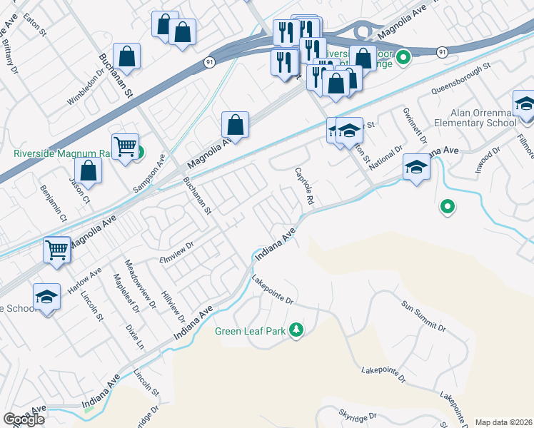 map of restaurants, bars, coffee shops, grocery stores, and more near 12149 Indiana Avenue in Riverside