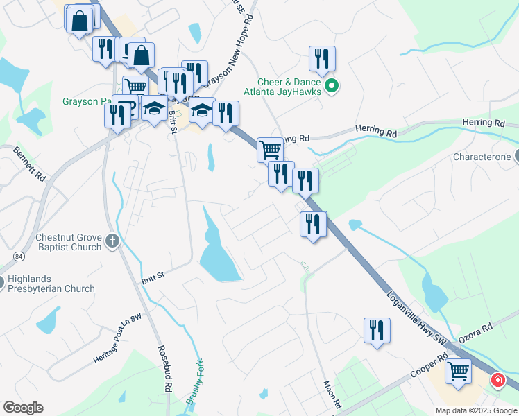 map of restaurants, bars, coffee shops, grocery stores, and more near 2704 Mourning Dove Drive in Grayson