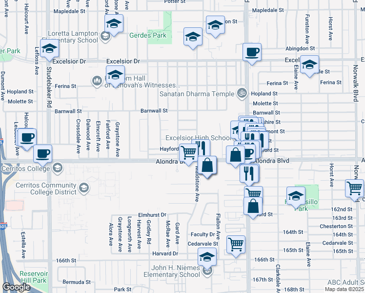 map of restaurants, bars, coffee shops, grocery stores, and more near 11509 Hayford Street in Norwalk
