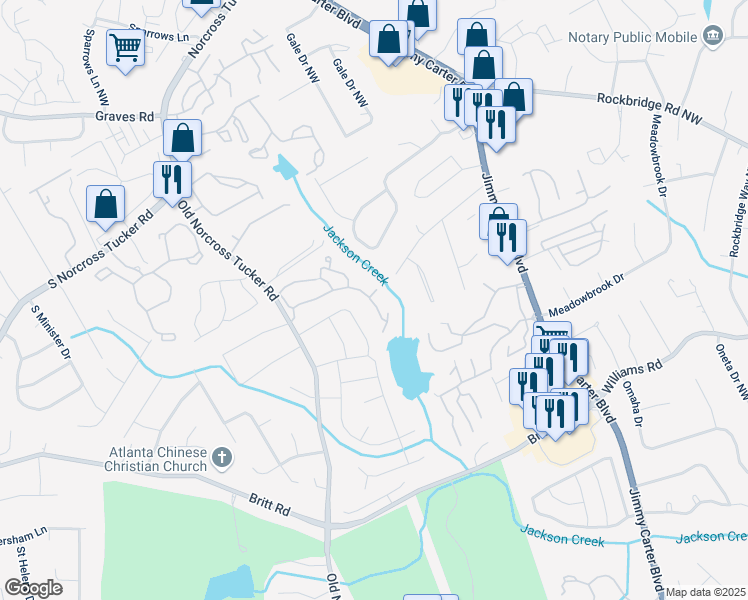 map of restaurants, bars, coffee shops, grocery stores, and more near 6366 Jasper Court in Tucker