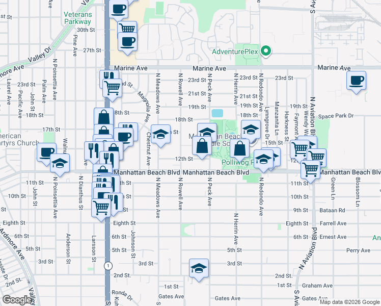 map of restaurants, bars, coffee shops, grocery stores, and more near 1420 12th Street in Manhattan Beach
