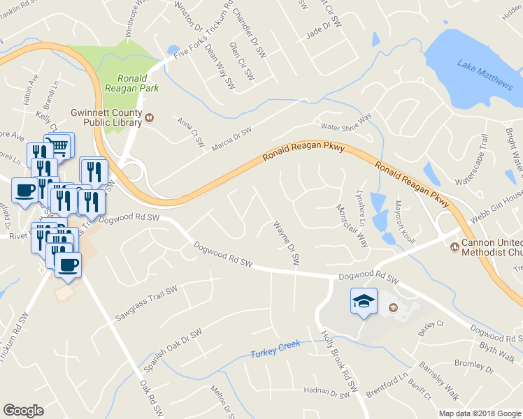 map of restaurants, bars, coffee shops, grocery stores, and more near 1007 Wayne Drive Southwest in Snellville