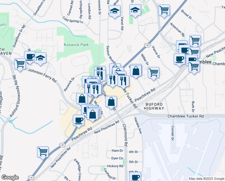 map of restaurants, bars, coffee shops, grocery stores, and more near 4267 Clairmont Road in Chamblee