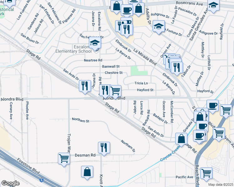 map of restaurants, bars, coffee shops, grocery stores, and more near 15048 Westin Lane in La Mirada