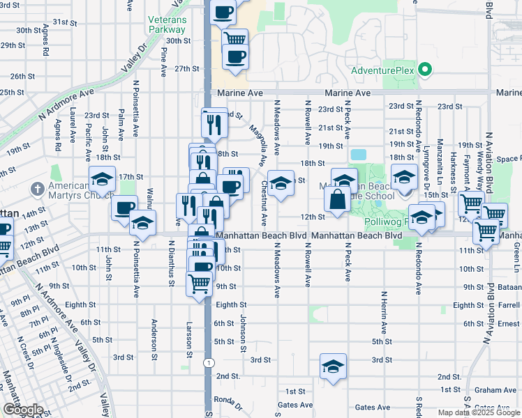 map of restaurants, bars, coffee shops, grocery stores, and more near 1163 North Meadows Avenue in Manhattan Beach