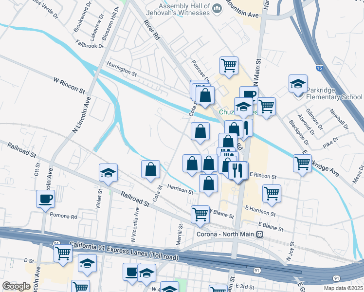 map of restaurants, bars, coffee shops, grocery stores, and more near 467 South Cota Street in Corona