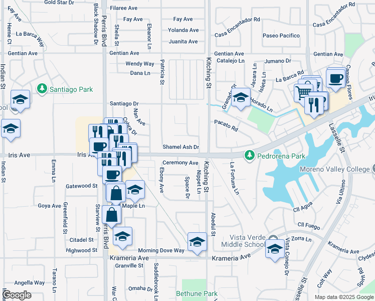 map of restaurants, bars, coffee shops, grocery stores, and more near 25397 Shamel Ash Drive in Moreno Valley