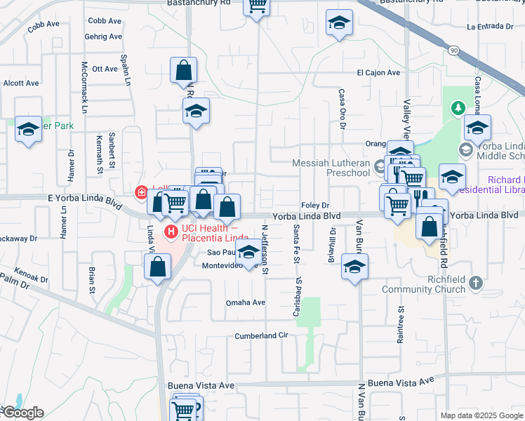 map of restaurants, bars, coffee shops, grocery stores, and more near 17016 Independence Way in Yorba Linda