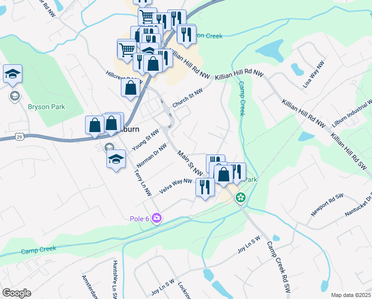 map of restaurants, bars, coffee shops, grocery stores, and more near 3997 Five Forks Trickum Road Southwest in Lilburn