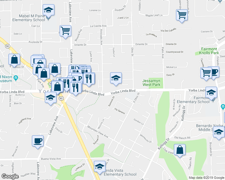 map of restaurants, bars, coffee shops, grocery stores, and more near 18821 Yorba Linda Blvd in Yorba Linda