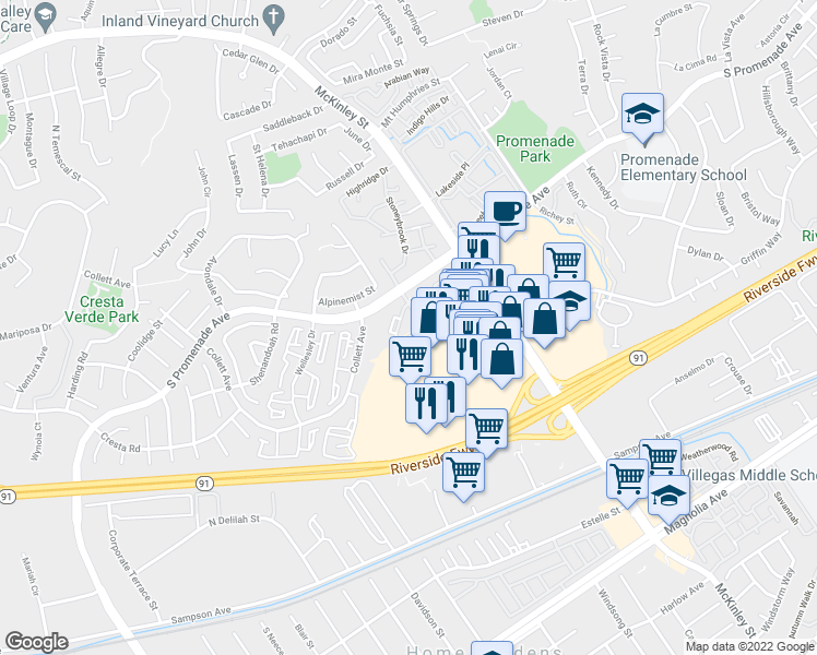 map of restaurants, bars, coffee shops, grocery stores, and more near 2090 Highpointe Drive in Corona