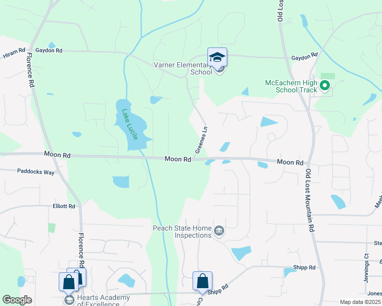 map of restaurants, bars, coffee shops, grocery stores, and more near 4840 Moon Road in Powder Springs