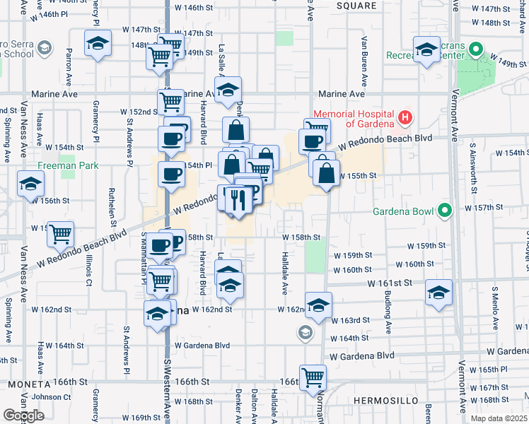 map of restaurants, bars, coffee shops, grocery stores, and more near 25 Merit Park Drive in Gardena