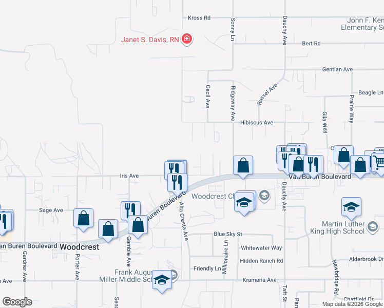 map of restaurants, bars, coffee shops, grocery stores, and more near 18070 Iris Avenue in Riverside