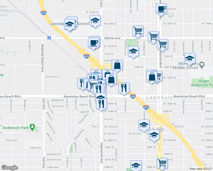 map of restaurants, bars, coffee shops, grocery stores, and more near 15708 Inglewood Avenue in Lawndale